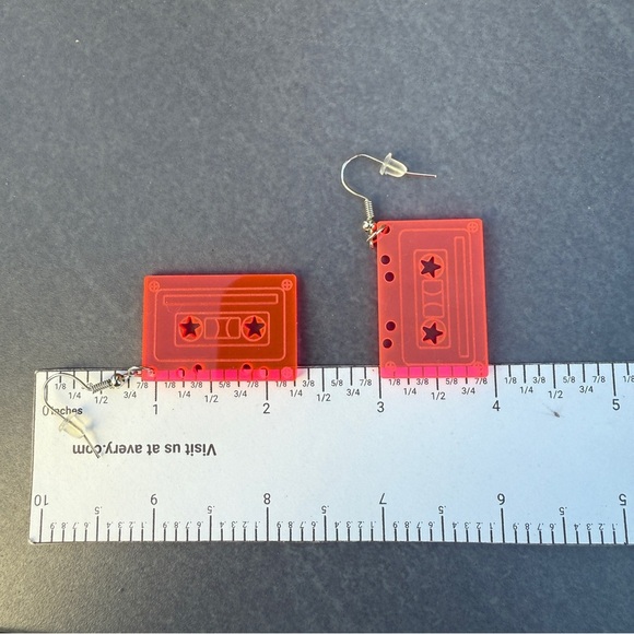 Retro 90s Cassette Tape Earrings - Pink Acrylic - Picture 5 of 8